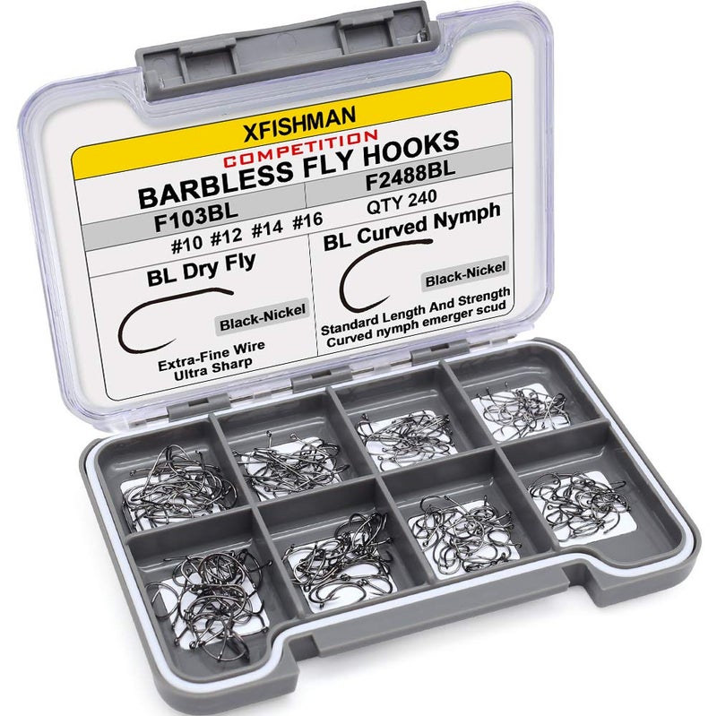 XFISHMAN Barbless-Fly-Hooks-for-Fly-Tying BL Czech Nymph/Scud Flies Hook Dry Wet Curved Competition Fishing Trout Hooks 10# ~16# Assortment Pack of 240 Hooks with Box - Image 1